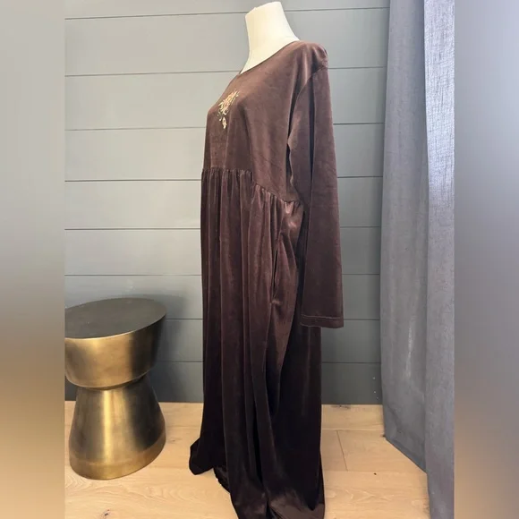 Vintage 90’s Shenanigans Brown Velveteen Baby Doll Dress Floral Embroidery - Picture 7 of 10